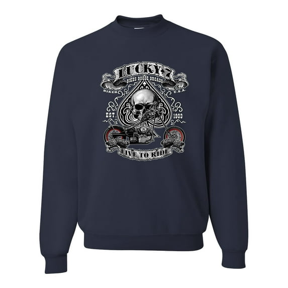 Lucky 7 Live to Ride Bikes Booze Broads USA Est 1903 | Mens Fashion Crewneck Graphic Sweatshirt, Navy, Small