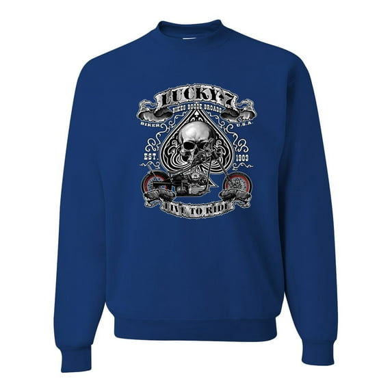 Lucky 7 Live to Ride Bikes Booze Broads USA Est 1903 | Mens Fashion Crewneck Graphic Sweatshirt, Royal, Large