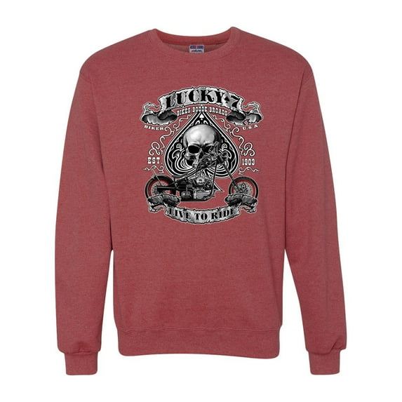 Lucky 7 Live to Ride Bikes Booze Broads USA Est 1903 | Mens Fashion Crewneck Graphic Sweatshirt, Vintage Heather Red, X-Large