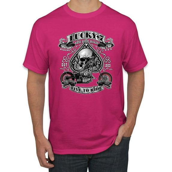 Lucky 7 Live to Ride Bikes Booze Broads USA Est 1903 | Mens Fashion Graphic T-Shirt, Fuschia, Medium
