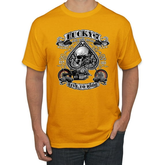 Lucky 7 Live to Ride Bikes Booze Broads USA Est 1903 | Mens Fashion Graphic T-Shirt, Gold, Medium