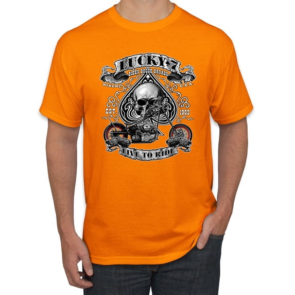 Lucky 7 Live to Ride Bikes Booze Broads USA Est 1903 | Mens Fashion Graphic T-Shirt, Orange, Medium