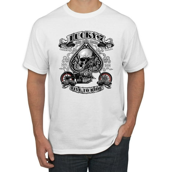 Lucky 7 Live to Ride Bikes Booze Broads USA Est 1903 | Mens Fashion Graphic T-Shirt, White, 3XL