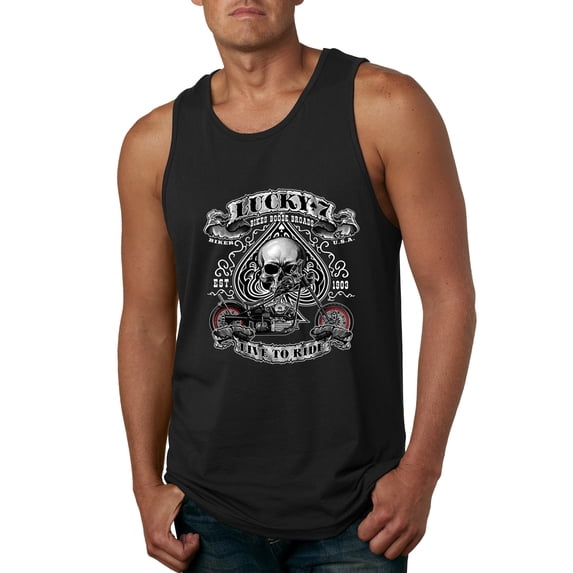 Lucky 7 Live to Ride Bikes Booze Broads USA Est 1903 | Mens Fashion Graphic Tank Top, Black, Small