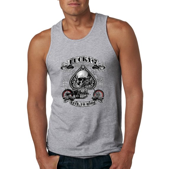 Lucky 7 Live to Ride Bikes Booze Broads USA Est 1903 | Mens Fashion Graphic Tank Top, Heather Grey, Large