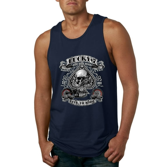 Lucky 7 Live to Ride Bikes Booze Broads USA Est 1903 | Mens Fashion Graphic Tank Top, Navy, Medium