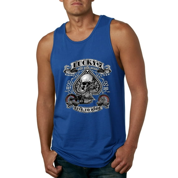 Lucky 7 Live to Ride Bikes Booze Broads USA Est 1903 | Mens Fashion Graphic Tank Top, Royal, Large