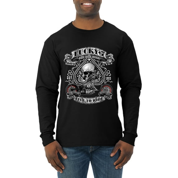 Lucky 7 Live to Ride Bikes Booze Broads USA Est 1903 | Mens Fashion Long Sleeve T-Shirt, Black, 2XL