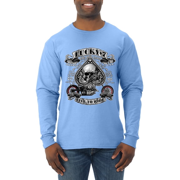 Lucky 7 Live to Ride Bikes Booze Broads USA Est 1903 | Mens Fashion Long Sleeve T-Shirt, Light Blue, 2XL