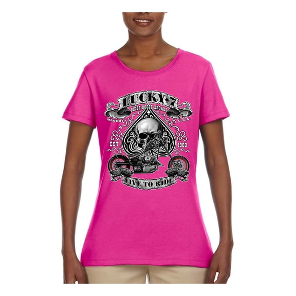 Lucky 7 Live to Ride Bikes Booze Broads USA Est 1903 | Womens Fashion Graphic T-Shirt, Fuschia, 2XL
