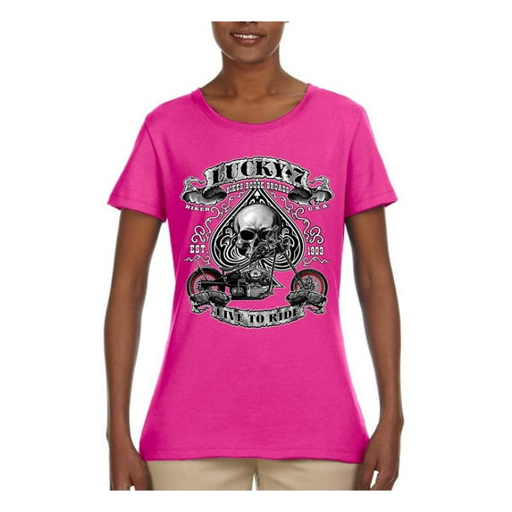 Lucky 7 Live to Ride Bikes Booze Broads USA Est 1903 | Womens Fashion Graphic T-Shirt, Fuschia, X-Large