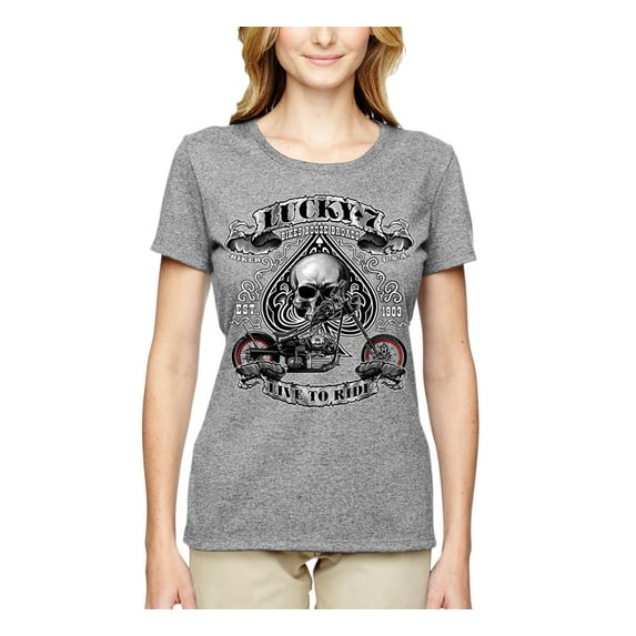 Lucky 7 Live to Ride Bikes Booze Broads USA Est 1903 | Womens Fashion Graphic T-Shirt, Heather Grey, Small