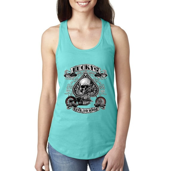 Lucky 7 Live to Ride Bikes Booze Broads USA Est 1903 | Womens Fashion Jersey Racerback Tank Top, Tahiti Blue, Small