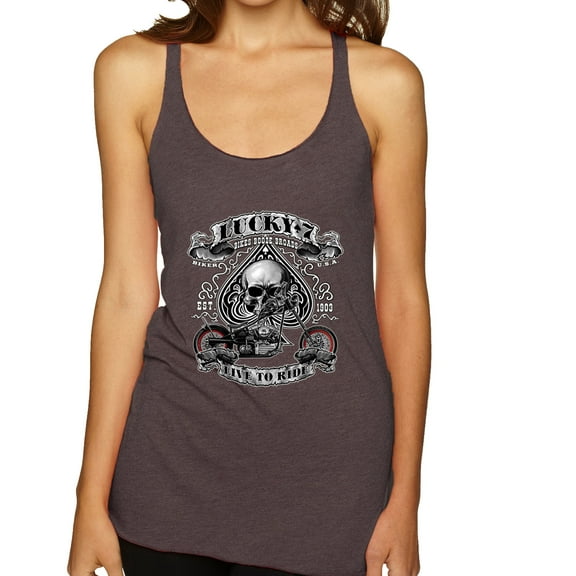 Lucky 7 Live to Ride Bikes Booze Broads USA Est 1903 | Womens Fashion Premium Tri-Blend Racerback Tank Top, Brown, X-Large