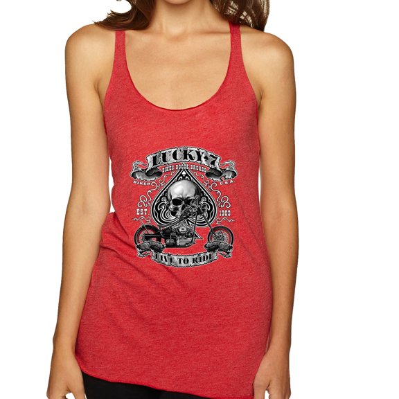 Lucky 7 Live to Ride Bikes Booze Broads USA Est 1903 | Womens Fashion Premium Tri-Blend Racerback Tank Top, Vintage Red, X-Large