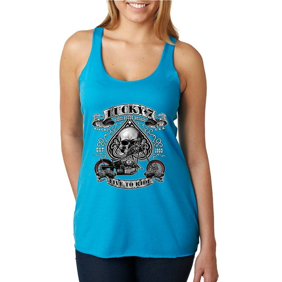 Lucky 7 Live to Ride Bikes Booze Broads USA Est 1903 | Womens Fashion Premium Tri-Blend Racerback Tank Top, Vintage Turquoise, Medium