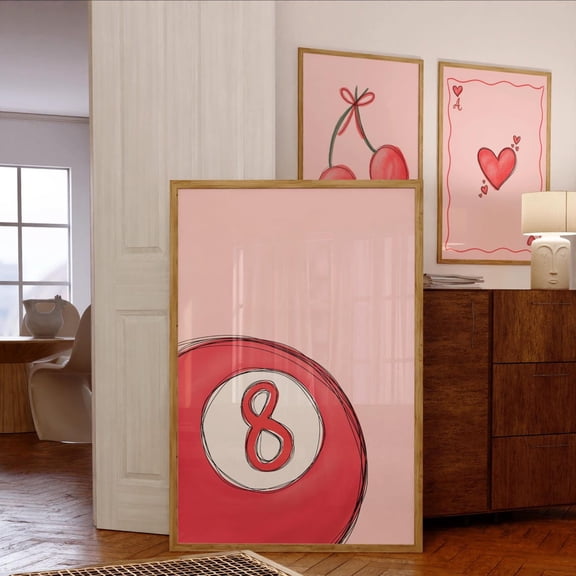Lucky 8 Ball Art Print, Retro Pink & Red Playing Card Poster Home Decor #243, Stretched Canvas Size 12x18