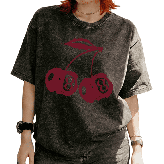 Lucky 8 Ball Cherry Graphic Tees T-shirt Retro 88 Fruit Print Short Sleeve Tops Round Neck Black S-2XL Plus Size