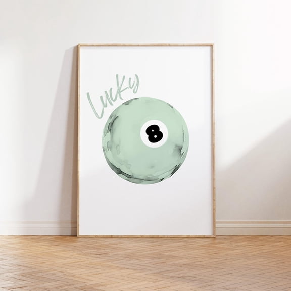 Lucky 8 Ball Sage Green Retro Bar Cart Wall Art, Unframed Paper Print Size 8x12