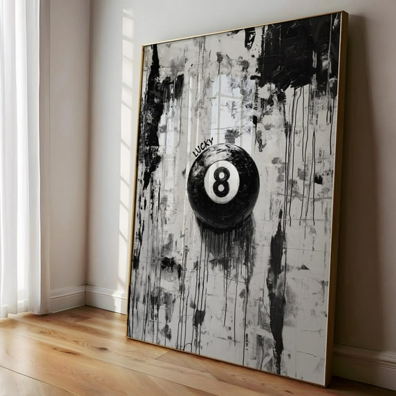 Lucky 8 Ball Wall Art, Vintage Pool Ball Print, Black And White Pool Ball Poster, Retro Aesthetic Apartment Decor, Trendy Digital ,Decor For Living Room Bedroom, 24x36 UNFRAMED