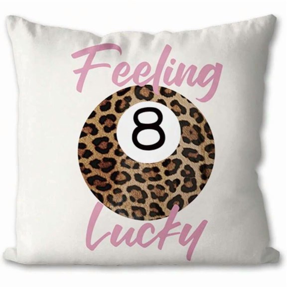 Lucky 8 Leopard Print Pillow Cover - Color 7: Off-White Base With Pink Script & Leopard 8 Ball, 18x18 Inch Decorative Cushion