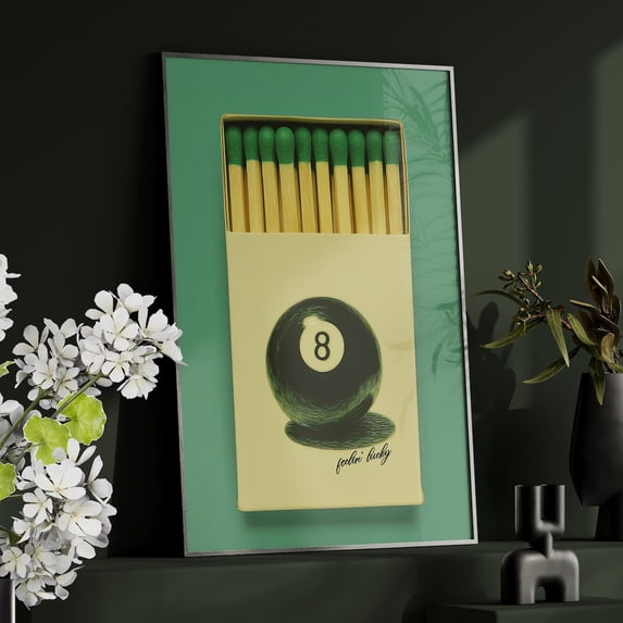 Lucky 8 Matchbox Wall Art, Sage Green Vintage Game Decor, Unframed Paper Print Size 16x24
