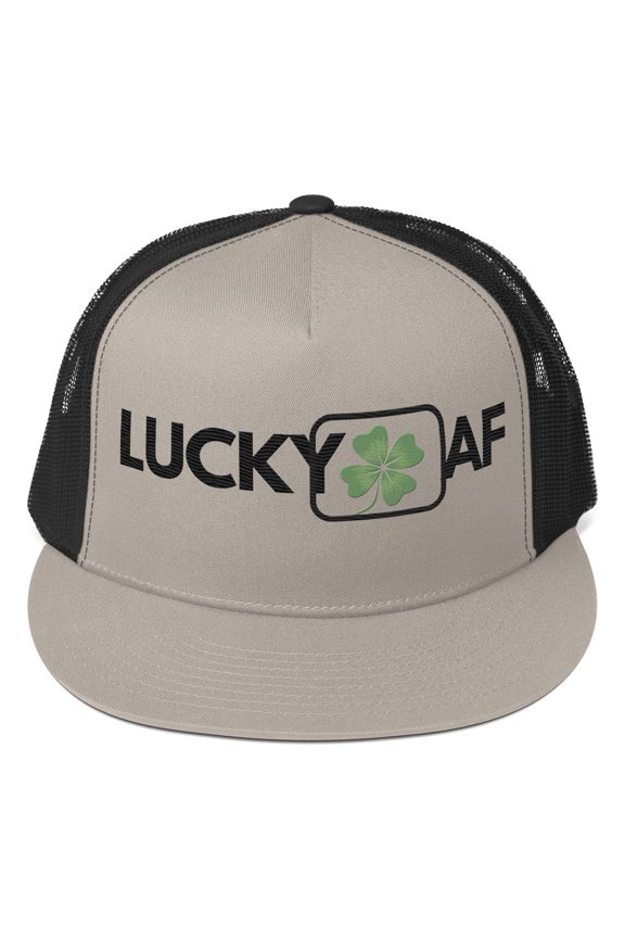 Lucky AF Black and Navy and other colors, Structured Fun St Patrick's Day or Lucky Style Trucker Cap (Silver/ Black)