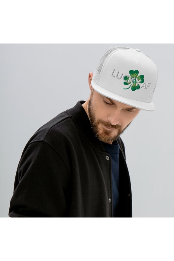 Lucky AF Embroidered Trucker Hat Design for St Patrick's Day Celebrating in Style (White)