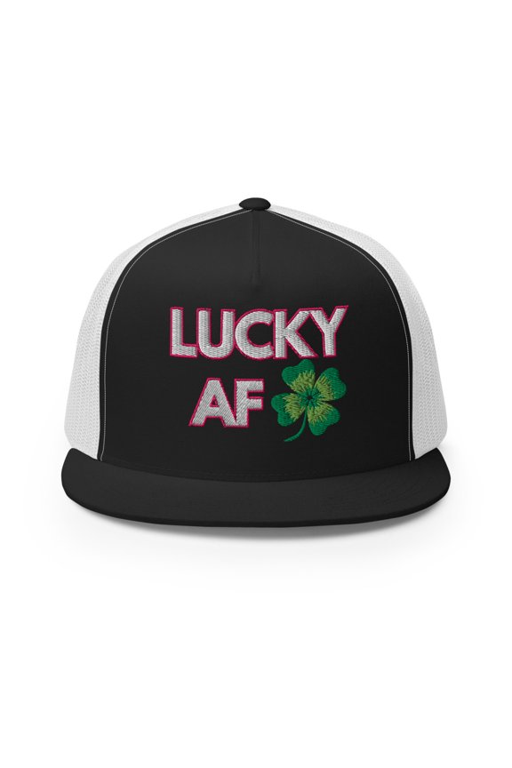 Lucky AF White and Pink Type St Patrick's Day Trucker Hat, White and Green Type Embroidery (Black/ White)
