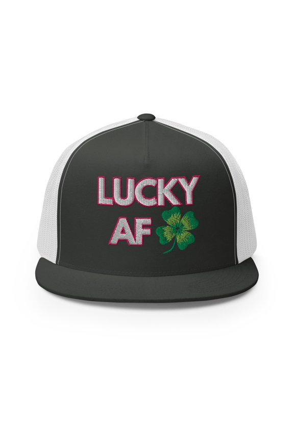 Lucky AF White and Pink Type St Patrick's Day Trucker Hat, White and Green Type Embroidery (Charcoal/ White)