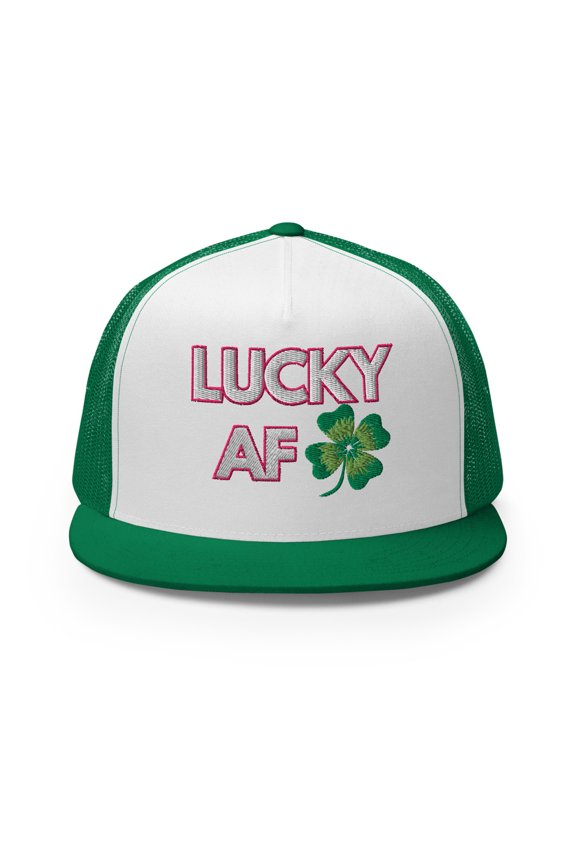 Lucky AF White and Pink Type St Patrick's Day Trucker Hat, White and Green Type Embroidery (Kelly/ White/ Kelly)