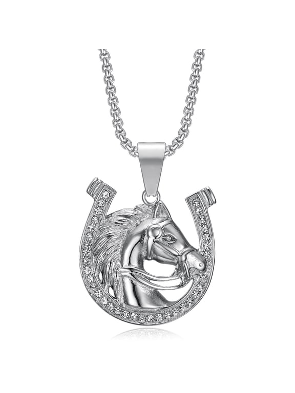 Lucky Horse Pendant 24'' Chain Horseshoe Party Stainless Steel Necklace for Men Women