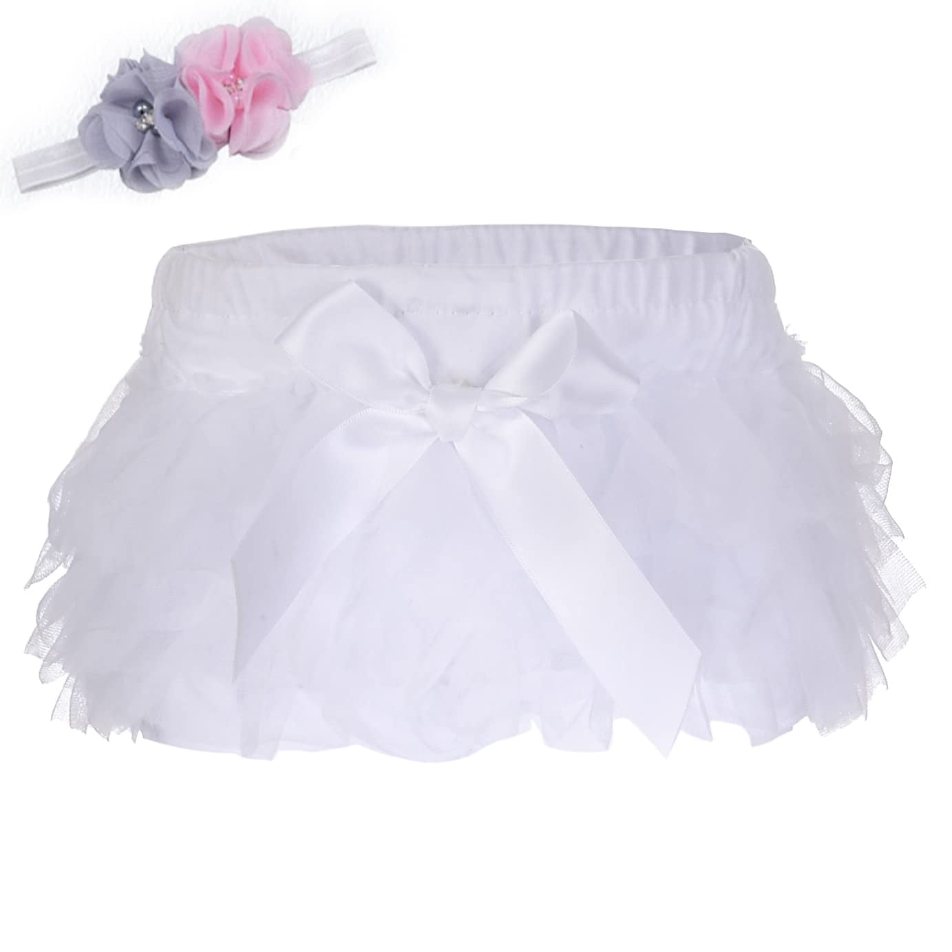 Lucky-BB Baby Girls'Tutu Bloomers Newborn Toddler Cotton Tulle Ruffle Diaper  Covers with Bow White, M-0-6 months 