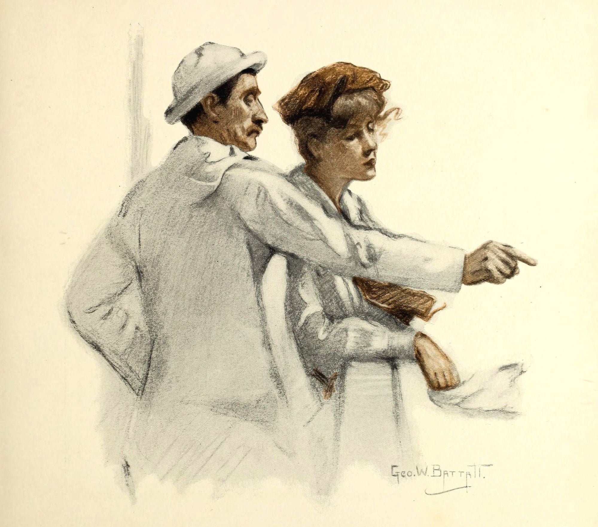 Lucky Bag 1913 Couple on boat Canvas Art - George W Barratt (24 x 36)