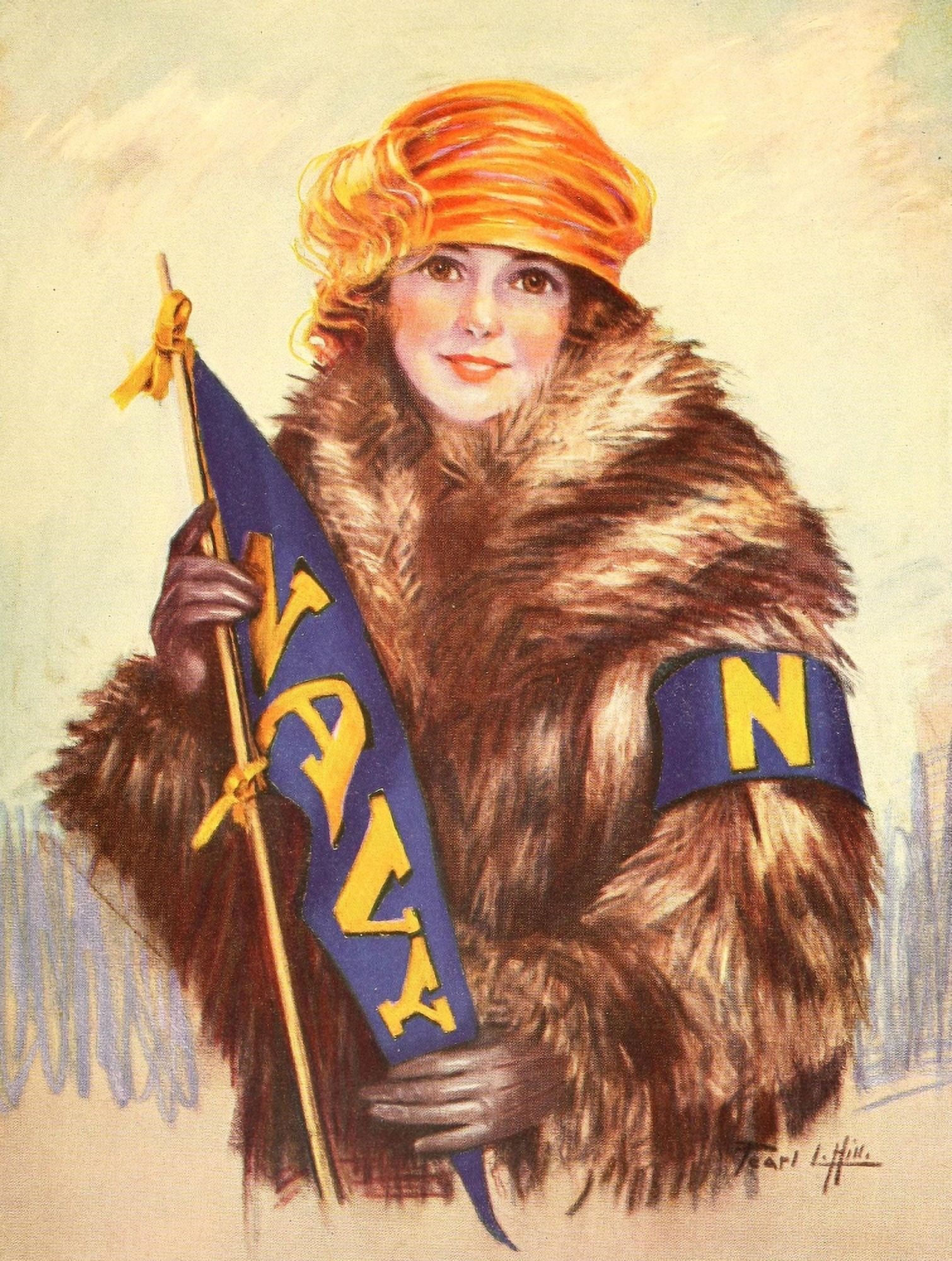 Lucky Bag 1924 Girl in fur coat Canvas Art - Pearl L Worthington Hill (18 x 24)