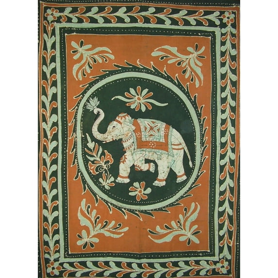 Lucky Batik Elephant Tapestry Cotton Bedspread 108" x 88" Full-Queen Brown