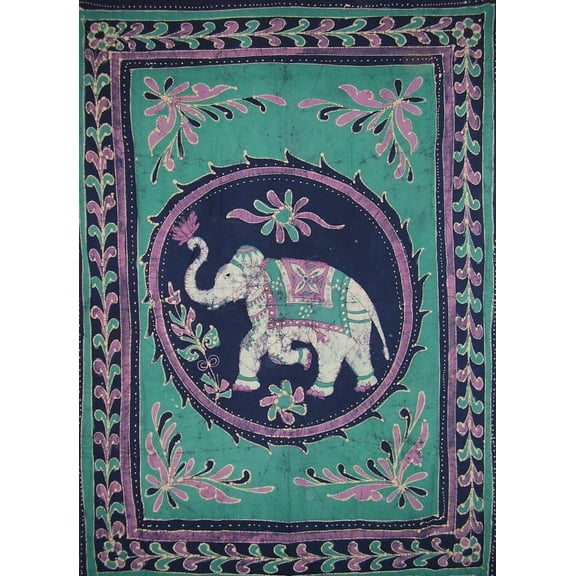 Lucky Batik Elephant Tapestry Cotton Spread  102" x 70" Twin Turquoise