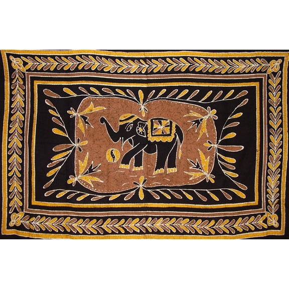 Lucky Batik Elephant Tapestry Cotton Spread 104" x 70" Twin Brown