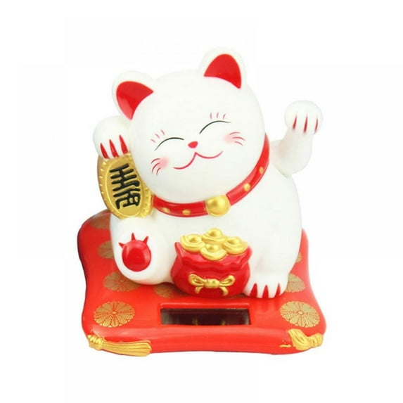 Lucky Beckoning Cat, Solar Powered Waving Wealth Cat, Feng Shui Decor for Shop, Home, Car, 3" Tall