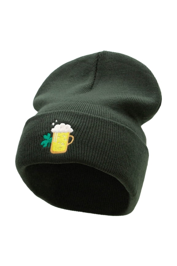 Lucky Beer Embroidered 12 Inch Long Knitted Beanie - Olive OSFM