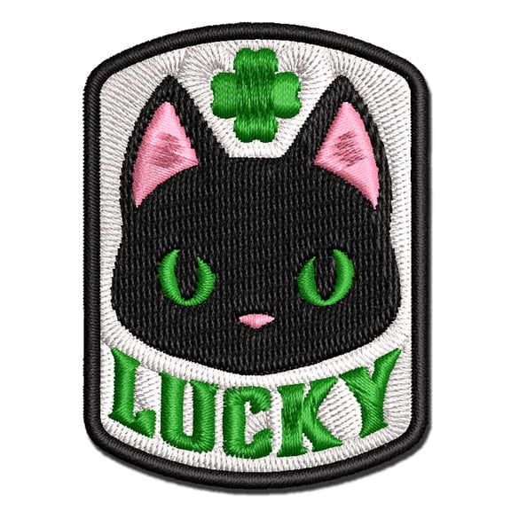 Lucky Black Cat with Clover Applique Multi-Color Embroidered Iron-On Patch - 2.0 Inch Mini