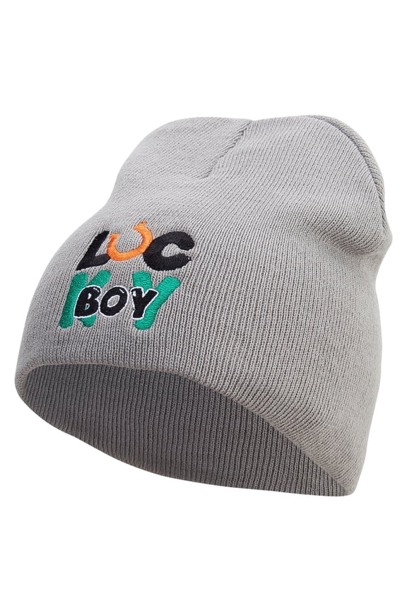 Lucky Boy Embroidered 8 inch Acrylic Short Blank Beanie - Grey OSFM