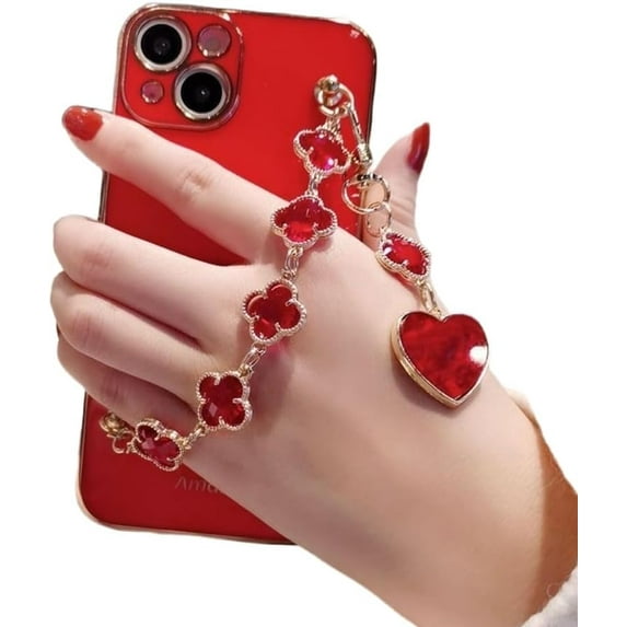Lucky Bracelet Four-Leaf Clover Phone case with Love Pendant, Ladies Love it, Lady Design, for iPhone 15 14 13 12 11 Pro Max Mini XS XR X 7 8 SE Phone Case (Red,iPhone 11 Pro)
