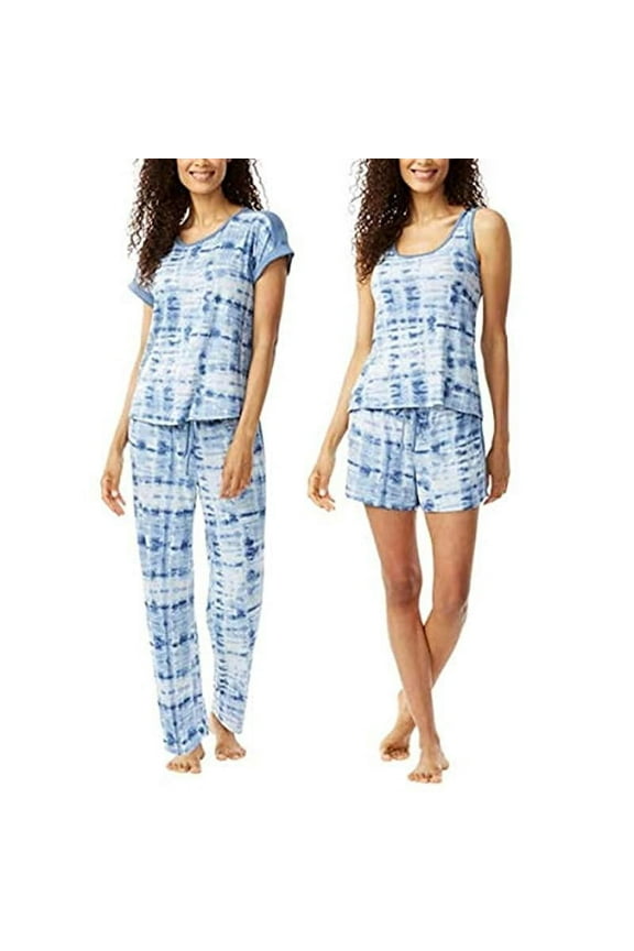 4 Piece Pajama Set Tee,Tank,Short, and Pant Blue Tie Dye