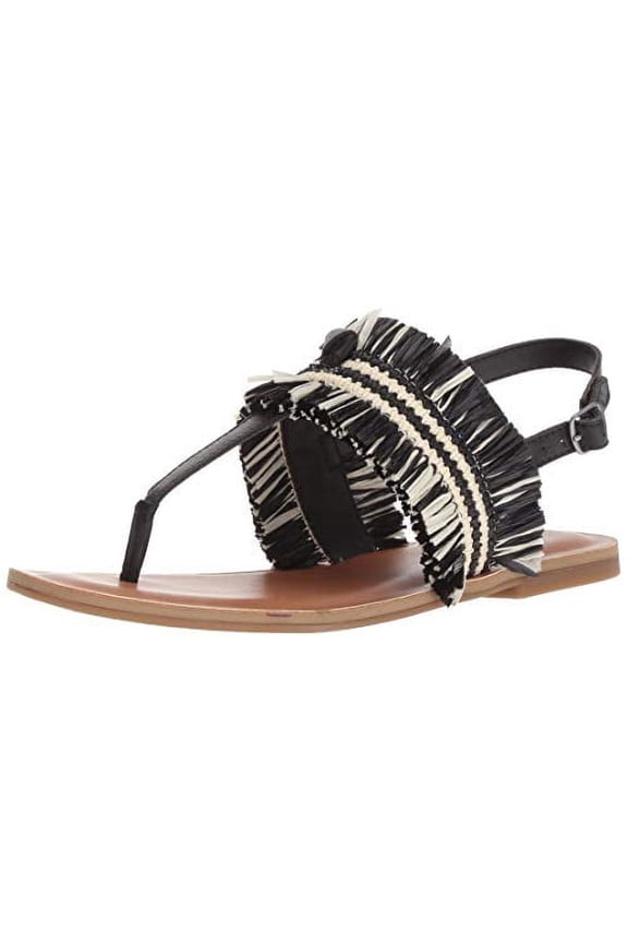 Akerlei Flat Sandal Black Natural Ankle Strap Flat Thong Leather (Black/Natural, 6)