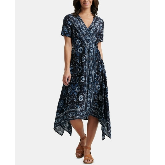 Lucky Brand Ashley Printed Wrap Dress Blue Multi M