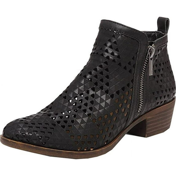 Lucky Brand Basel 3 Black Suede Side Zip Perforated Leather Block Heel Booties (Black Perf Suede, 9)