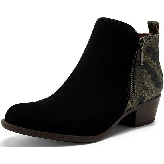 Lucky Brand Basel Black Camo Almond Toe Ankle Block Low Heel Zipper Boots Wide (Black Camo, 8)