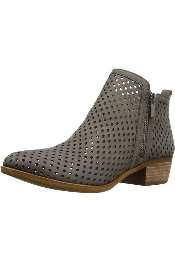Basel3 Dark Stone suede Side Zip Perforated Leather Block Heel Boot (Dark Stone, 11)