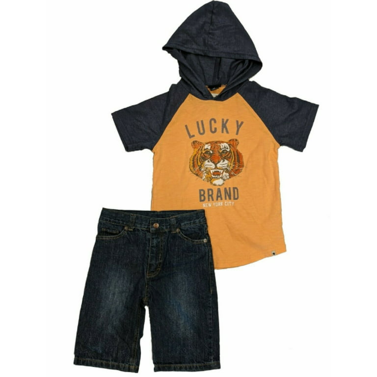 Lucky Brand Boys Hooded T Shirt/Denim Shorts 2pc Set Knit Tiger